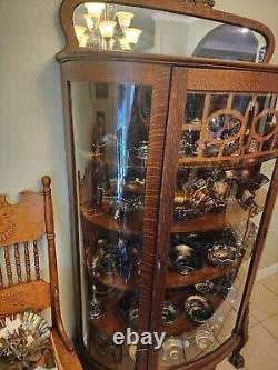 Antique Carnival Glass Collection and Tiger Oak Curio Cabinet