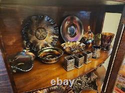 Antique Carnival Glass Collection and Tiger Oak Curio Cabinet