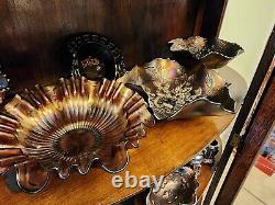 Antique Carnival Glass Collection and Tiger Oak Curio Cabinet