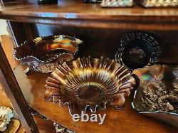 Antique Carnival Glass Collection and Tiger Oak Curio Cabinet