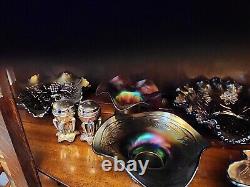 Antique Carnival Glass Collection and Tiger Oak Curio Cabinet