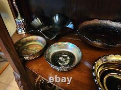 Antique Carnival Glass Collection and Tiger Oak Curio Cabinet