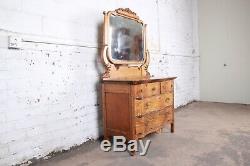 Antique Carved Tiger Oak Dresser With Mirror, Circa 1900