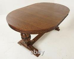 Antique Carved Tiger Oak Oval Writing Table Bulbous Legs, Scotland 1920, B2051A