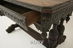 Antique Carved Tiger Oak Writing Table, Desk Green Man, Scotland 1880, B1792