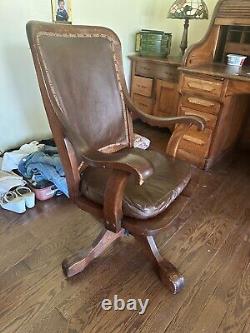 Antique Chair Oak Swivel Office Desk Chair-Padded