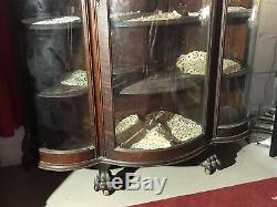 Antique China Curio Cabinet Carved Lions Claw Feet Tiger Oak Curved Glass Wheels