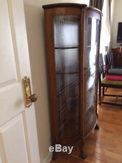 Antique Curved Glass Paw Foot Bookcase Tiger Oak Wood Armoire Curio Cabinet