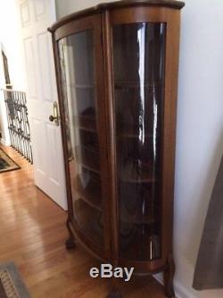 Antique Curved Glass Paw Foot Bookcase Tiger Oak Wood Armoire Curio Cabinet
