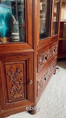 Antique Dark Oak Curved Glass Curio China Cabinet Cherry Blossom Carvings