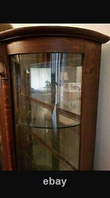 Antique Dark Oak Tiger Wood Lighted Lion Head Curved Glass Curio China Cabinet