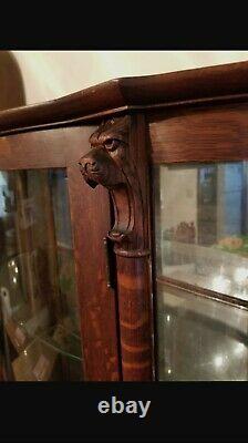 Antique Dark Oak Tiger Wood Lion Head Curved Glass Curio China Cabinet