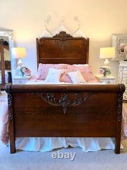 Antique Dark Wood Tiger Oak Queen Size Bed Frame Full Double