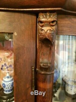 Antique Darker Tiger Oak Lion Head Claw Foot Curved Glass China Curio Cabinet