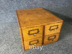 Antique Desktop 4 Drawer Tiger Oak Wood Card File Box Cabinet