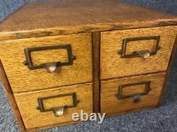 Antique Desktop 4 Drawer Tiger Oak Wood Card File Box Cabinet