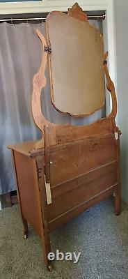 Antique Dresser 1900s Serpentine Tiger Oak Dresser withMirror & Original key