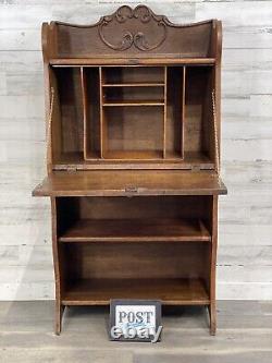 Antique Drop Front Secretary Desk Tiger Oak with Shelves Storage Organizer