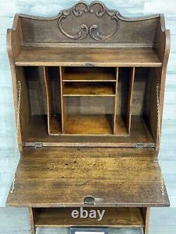 Antique Drop Front Secretary Desk Tiger Oak with Shelves Storage Organizer