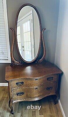 Antique Early 1900s Tiger Oak Dresser with Swivel Mirror