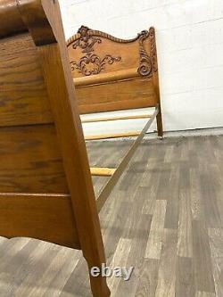 Antique Early 1900s Victorian Full Size Carved Tiger Oak Bed
