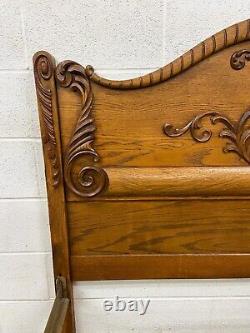 Antique Early 1900s Victorian Full Size Carved Tiger Oak Bed