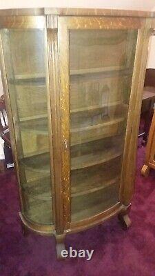 Antique Ebert's Furniture Tiger Oak China Closet with Bowed Glass Front