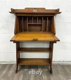 Antique Edwardian Arts and Crafts Tiger Oak Secretary Desk Bureau Bookcase