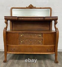 Antique Empire Style Tiger Oak Carved Claw Foot Server Buffet Sideboard