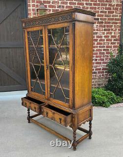 Antique English Bookcase Jacobean Display Cabinet Barley Twist Tiger Oak c. 1930s