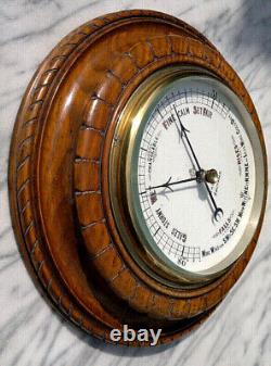 Antique English Carved Tiger Oak Aneroid Barometer by Jackson of Southsea 11.5