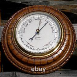 Antique English Carved Tiger Oak Aneroid Barometer by Jackson of Southsea 11.5