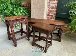 Antique English Carved Tiger Oak Joint Stool Bench Table Splayed Leg c1900
