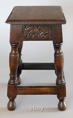 Antique English Carved Tiger Oak Joint Stool Side Table