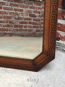 Antique English Carved Tiger Oak Octagon Frame Beveled Wall Mirror Greek Key