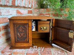 Antique English Carved Tiger Oak Pipe Smoke Cabinet Game Box Humidor Brass 1888
