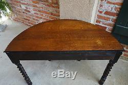 Antique English DEMILUNE TABLE Carved Tiger Oak BARLEY TWIST Foyer Console Table