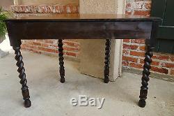Antique English DEMILUNE TABLE Carved Tiger Oak BARLEY TWIST Foyer Console Table