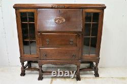 Antique English Elizabethan Tiger Oak Drop Front Secretary Desk With Bookcases