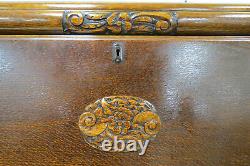 Antique English Elizabethan Tiger Oak Drop Front Secretary Desk With Bookcases