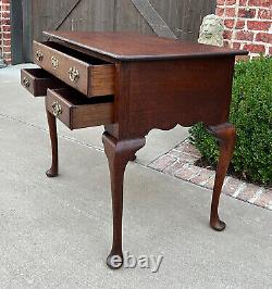 Antique English Georgian Table Small Desk Nightstand Lowboy 3 Drawers Tiger Oak