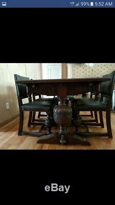 Antique English Hand Carved tiger oak slip top Dining Table And Chairs