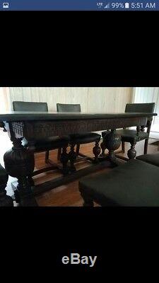 Antique English Hand Carved tiger oak slip top Dining Table And Chairs