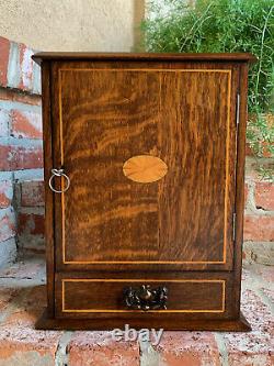 Antique English INLAID Tiger Oak Pipe Smoke Cabinet Game Box Humidor Copper