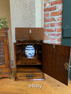 Antique English INLAID Tiger Oak Pipe Smoke Cabinet Game Box Humidor Copper