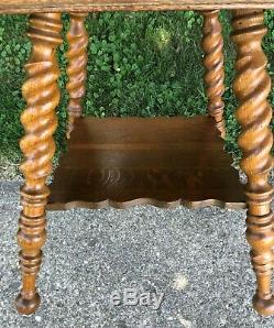 Antique English Oak Barley Twist Side Table Pedestal Stand Shelf Quarter Sawn