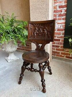 Antique English Pub Chair Fireplace Hearth Carved Tiger Oak Breton Brittany