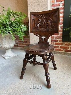 Antique English Pub Chair Fireplace Hearth Carved Tiger Oak Breton Brittany