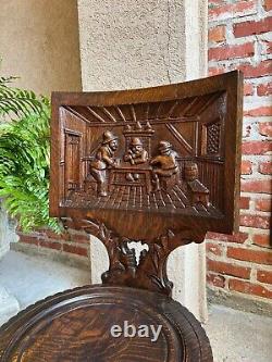 Antique English Pub Chair Fireplace Hearth Carved Tiger Oak Breton Brittany