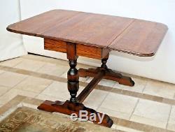 Antique English Pub Table Solid Tiger Oak Drop side Leaf Kitchen Game Seats six